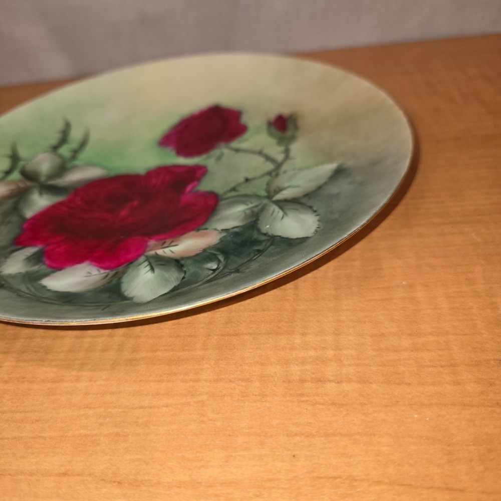 9" Haviland Limoges France Hand-Painted Display Plate Gold Rimmed Rose Red Green - Picture 5 of 8
